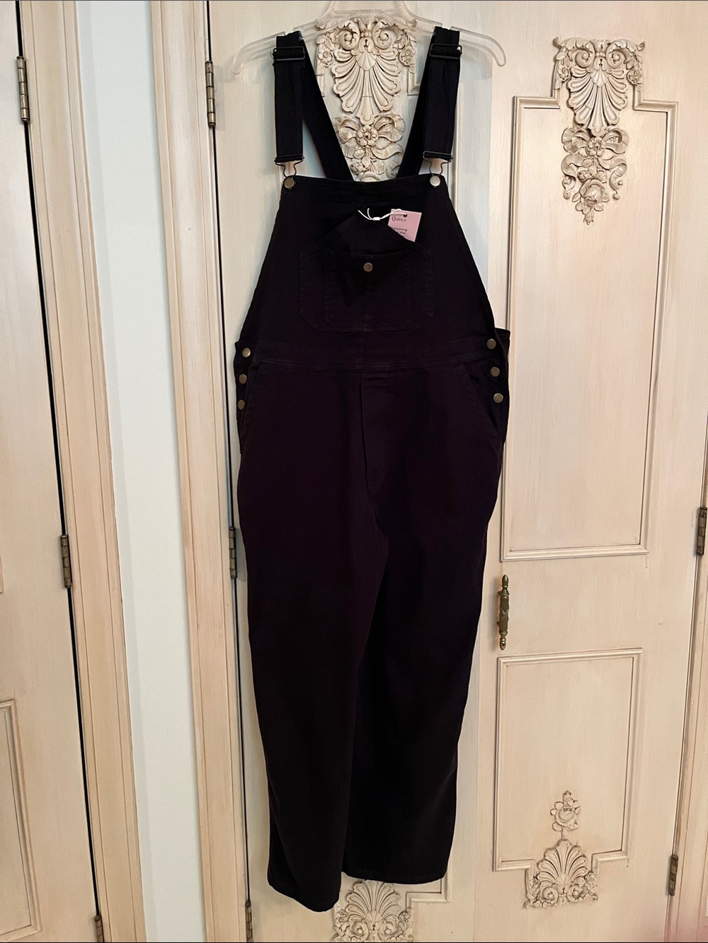 QUINCE NWT Granola Outdoor Organic Cotton Black Denim Wide Leg Bib Overalls XL